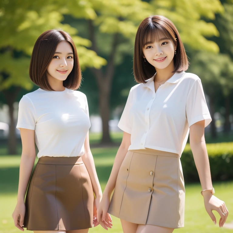 2 girls, Short black hair, Brown eyes,Brown Skin, Wearing a plain white shirt, Wearing a short skirt, Park Background, Absurd, High resolution, Super sharp, 8k, masterpiece, View your viewers, smile,