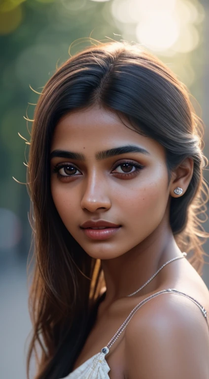 young Indian girl, 18-year-old, no bindi,traditional dress, gentle sun lighting on face , intricate facial details, flawless complexion, top-notch, hyper-realistic, shot on Indian road. photorealistic digital art trending on Artstation 8k HD high definition detailed realistic, detailed, skin texture, hyper detailed, realistic skin texture, armature, best quality, ultra high res, (photorealistic:1.4),, high resolution, detailed, raw photo, 400 camera f1.6 lens rich colors hyper realistic lifelike texture dramatic lighting unrealengine trending on artstation cinestill 800