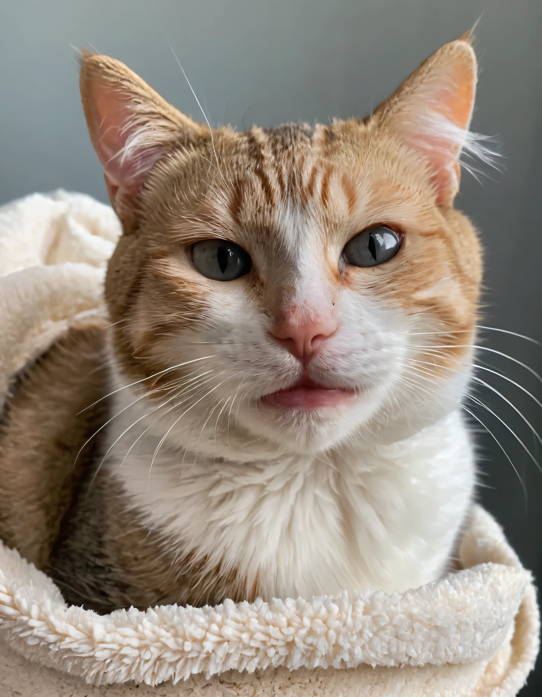 there is a cat that is sitting in a carrier with a towel, thin scar on his forehead, no spot right eye, cute furry needs your help, markings on his face, white around right eye, mildly scarred on his face, one of his eyes is scratched, photo of a cat, scar across the nose, a cat is smiling, a plaster on her cheek