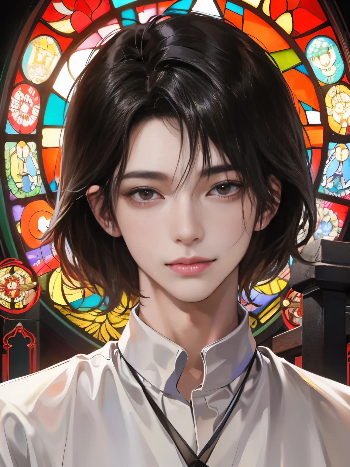 Masterpiece、Handsome、One Man、Red-eyed black-haired、Beautiful slanted eyes、Inside a beautiful church、Detailed face and body、Center-parted bangs、Double teeth、pray、Men with short hair、a handsome guy、教会でpray、Beautiful, soft stained glass、Grin