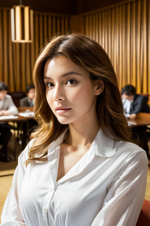 - [ ] photorealistic:1.37, masterpiece, best quality, raw photo, absurdres, uhd, 1girl, wavy hair, brown hair, seductive , looking at viewer, in the large meeting room of the office in the high tower office building in  Tokyo ,Tokyo tower,intricate detail, detailed background, detailed skin, pore, highres, hdr , presentation to ten men , beautiful model, soft light to the face,JP_MODELS,white shirts uniform , midium breasts, a 30 yo woman