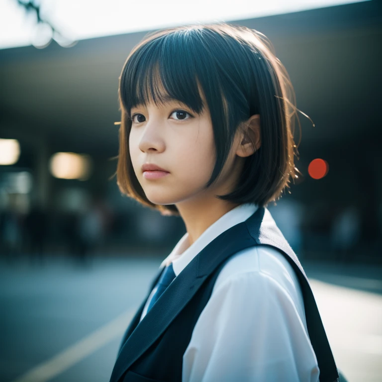 Portraiture, documentary, photograph, A girl is gender-neutral middle school student with short black hair and , 疲れた表情でCommuting路を歩いている, short hair, , skirt, Commuting route, high quality, Realistic, Eye-level shot, Medium Shot, Side view, Natural light, Commuting,break,One girl, (alone, face,13 years oldcharm of androgyny, (Very short hair), Flat Chest, Small Ass, Beautiful and exquisite black eyes, Disgusted Eyes,break,((最high quality,Shinkai Makoto style,Very detailed,High resolution,Very detailedCG,unity 8k wallpaper,By famous artists,Perfect Anatomy,Very detailed肌,Cinema Lighting)),