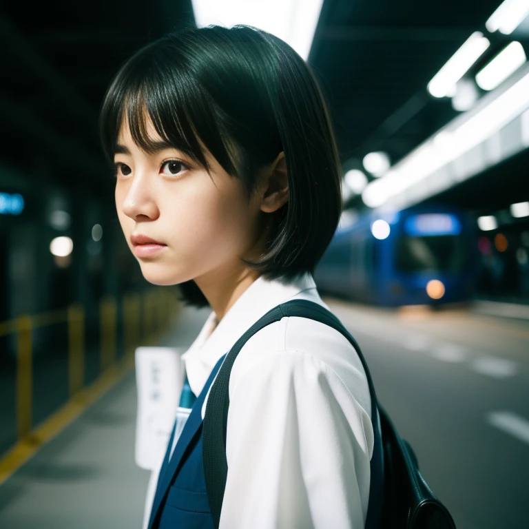 Portraiture, documentary, photograph, A girl is 13 years old gender-neutral middle school student with short black hair and , 疲れた表情でCommuting路を歩いている, short hair, , skirt, Commuting route, high quality, Realistic, Eye-level shot, Medium Shot, Side view, Natural light, Commuting,break,One girl, (alone, face,13 years old:1.5),, The charm of androgyny, (Very short hair), Flat Chest, Small Ass, Beautiful and exquisite black eyes, Disgusted Eyes,break,((最high quality,Shinkai Makoto style,Very detailed,High resolution,Very detailedCG,unity 8k wallpaper,By famous artists,Perfect Anatomy,Very detailed肌,Cinema Lighting)),