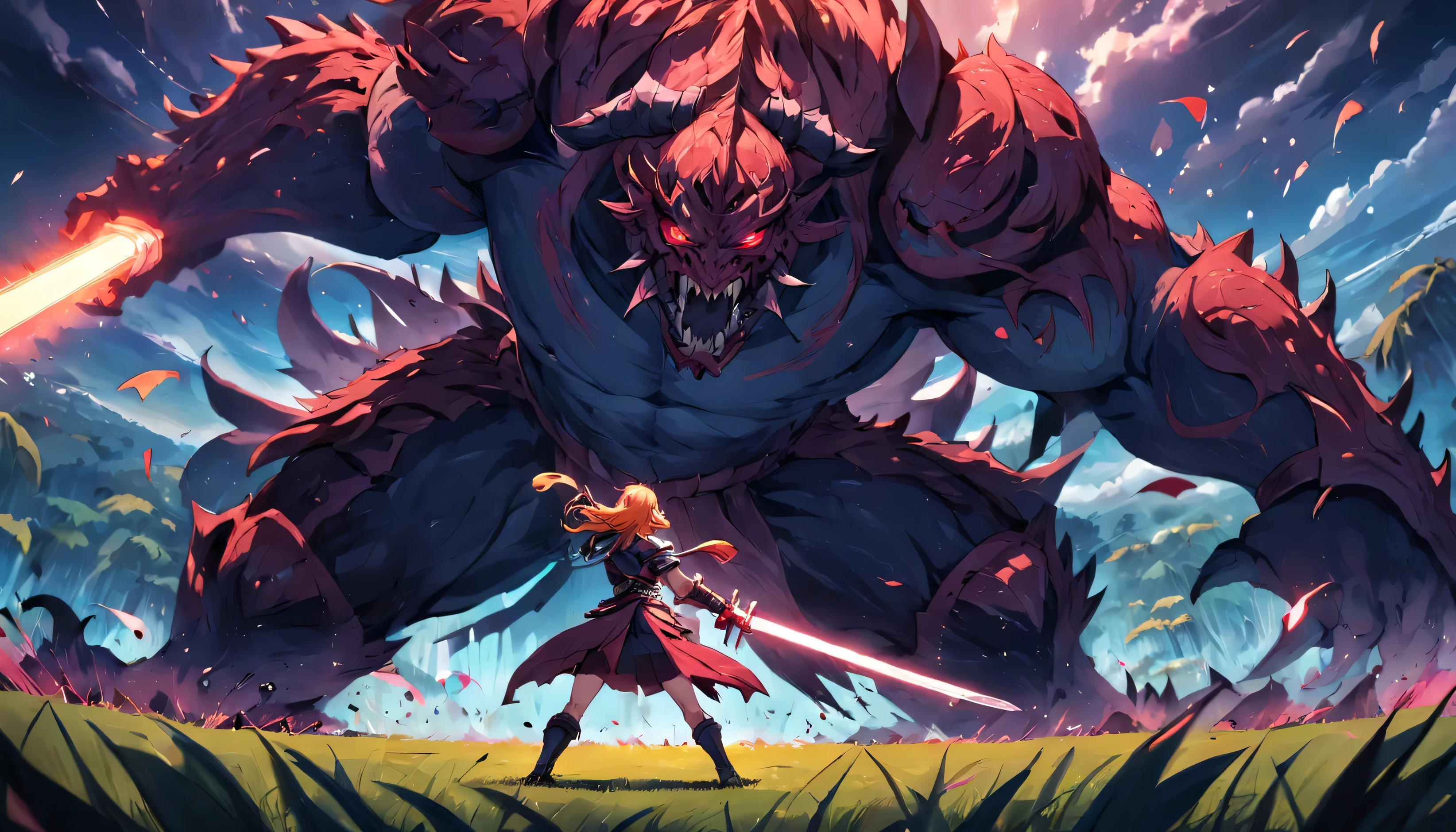 A warrior, Sword in hand, field, battle with monster
