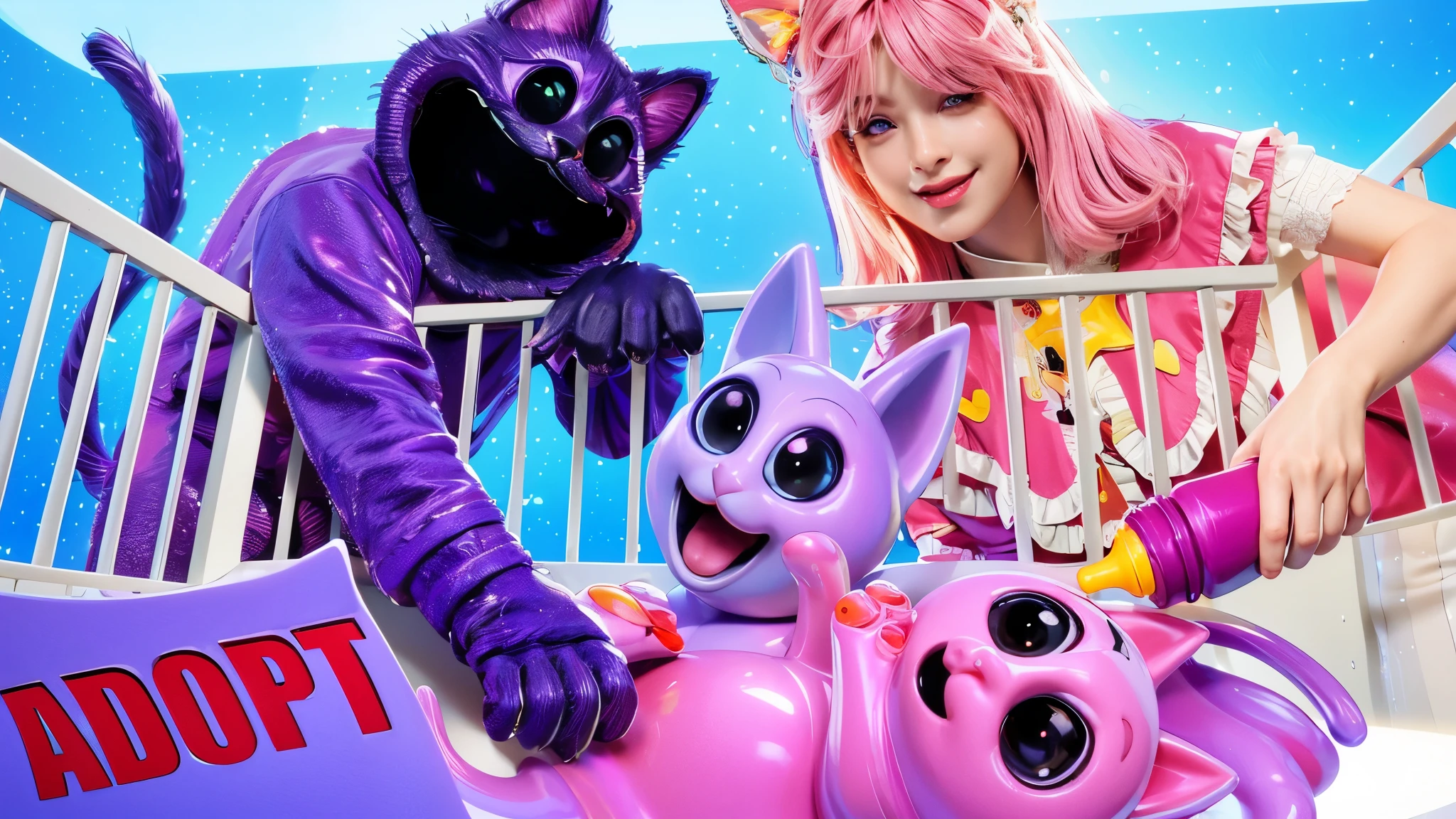 A woman with pink hair and a pink and purple outfit stands in a crib with two giant cats. The cats have big eyes and are pink and purple. The woman is holding a bottle. The background is blue. There is a sign that says \"ADOPT\" on the left. glossy texture, smooth 3d model, multiple light sources, rim light, sharp post effects render, (glossy plastic texture with multiple big light probe refractions), perfect cgi, smooth silhouette, high intensity refraction, (super glossy material), most beautiful vfx, blue background, plastic refractions, realistic, 4k, high resolution, rim light,  photo shoot, commercial photo,  profile shot, 4k, rim light, high resolution, 4k, glossy texture, smooth 3d model, multiple light sources, rim light, sharp post effects render, (glossy metallic texture with multiple big light probe refractions), perfect cgi, cgi art created only with gradients, smooth silhouette, high intensity refraction, (super glossy chrome material), most beautiful vfx, blue background, chrome metal refractions, multiple light sources, rim light, sharp post effects render, perfect cgi, digital art, detailed digital art, reflective, best quality, 4k, masterpiece:1.2, ultra-detailed, realistic, vivid colors, dark and moody lighting, The image of the highest quality, ensuring every detail showcased perfectly. It in 4k resolution, allowing viewers to immerse themselves in the richness of the colors and intricate details. The realistic rendering. under the spotlight, reflecting, high-resolution image, realistic rendering, dark background, and rim light photorealistic