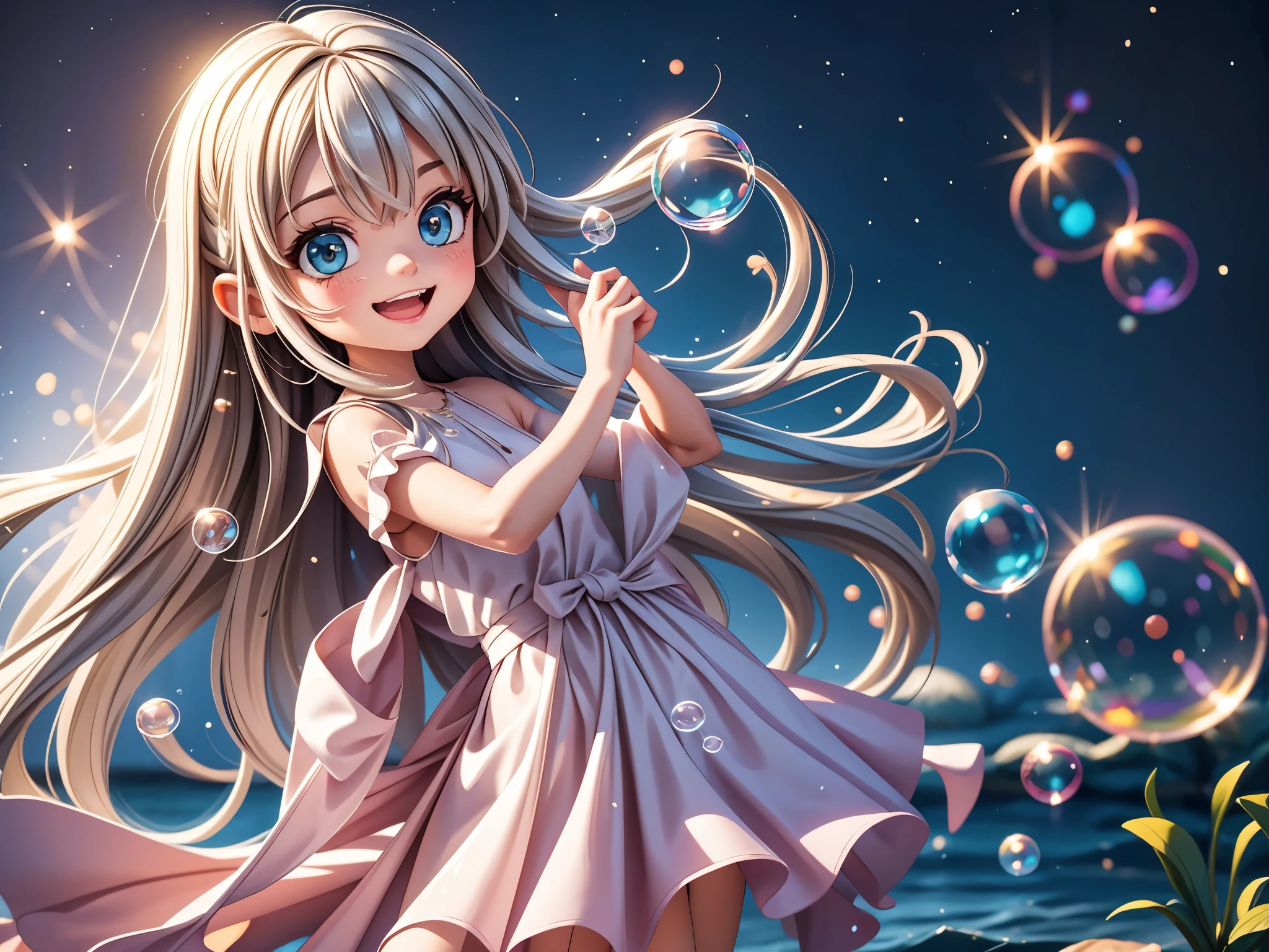 A *********** dancing with soap bubbles,illustration,Soft colors,soft light,high resolution,Super detailed,best quality,portrait,fantasy,Charming atmosphere,floating dress,Beautiful and delicate eyes,Flowing long hair,Slender fingers,Fantasy Background,Detailed background,Subtle light,Magic theme,lively movement, Octane Render