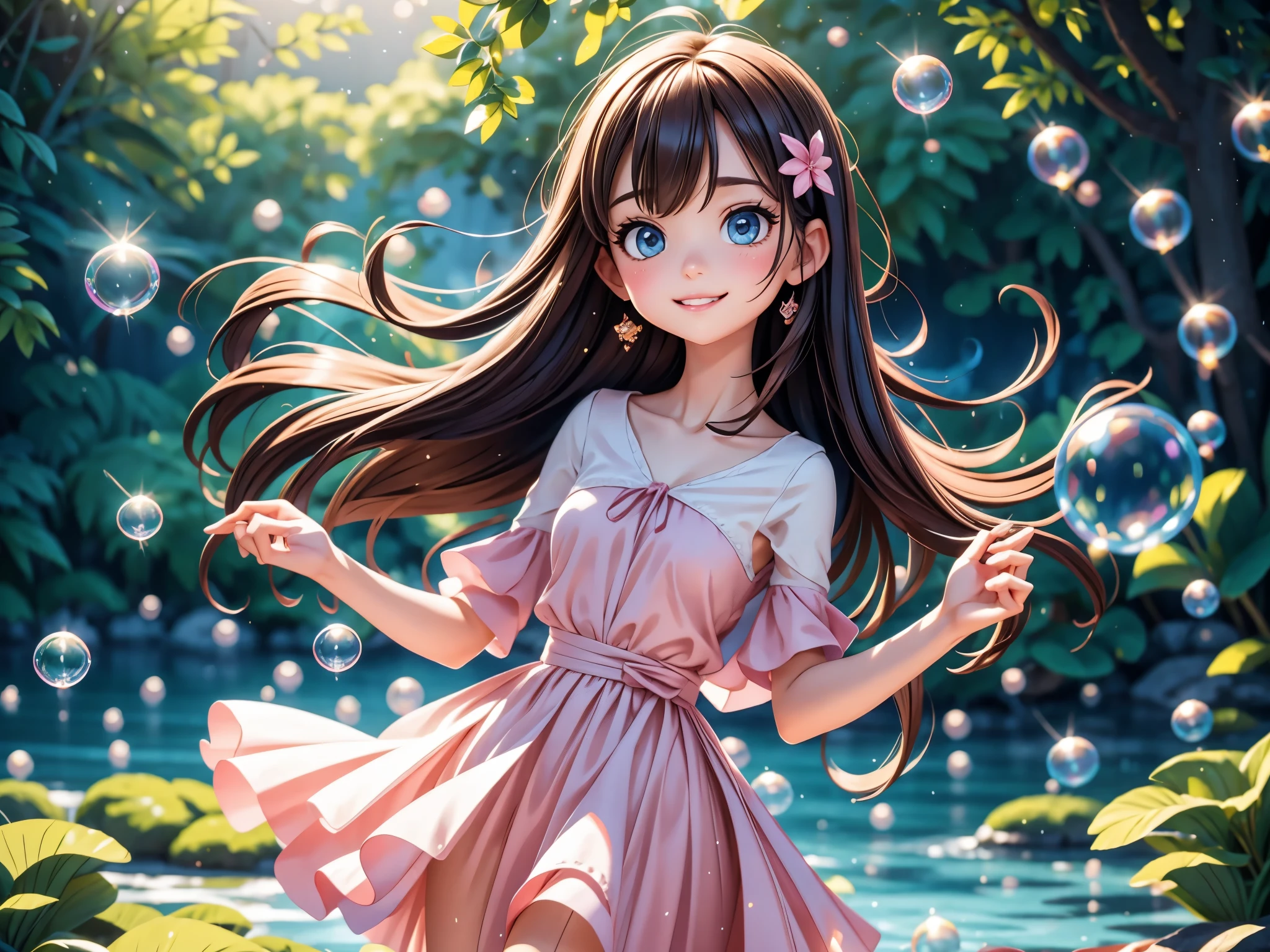 A little girl dancing with soap bubbles,illustration,Soft colors,soft light,high resolution,Super detailed,best quality,portrait,fantasy,Charming atmosphere,floating dress,Beautiful and delicate eyes,Flowing long hair,Slender fingers,Fantasy Background,Detailed background,Subtle light,Magic theme,lively movement, Octane Render