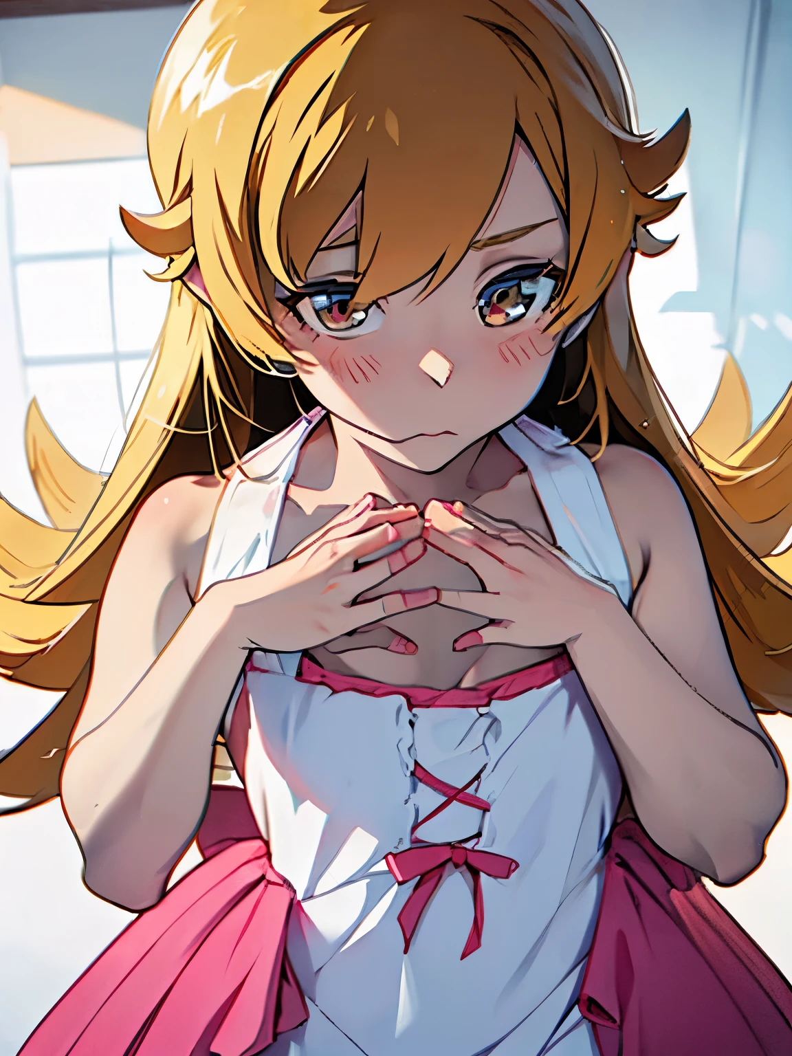 NSFW,oshino_shinobu,Blonde,Long Hair,White dress,(Perfect hands),(Perfect Anatomy),(masterpiece),(highest quality)