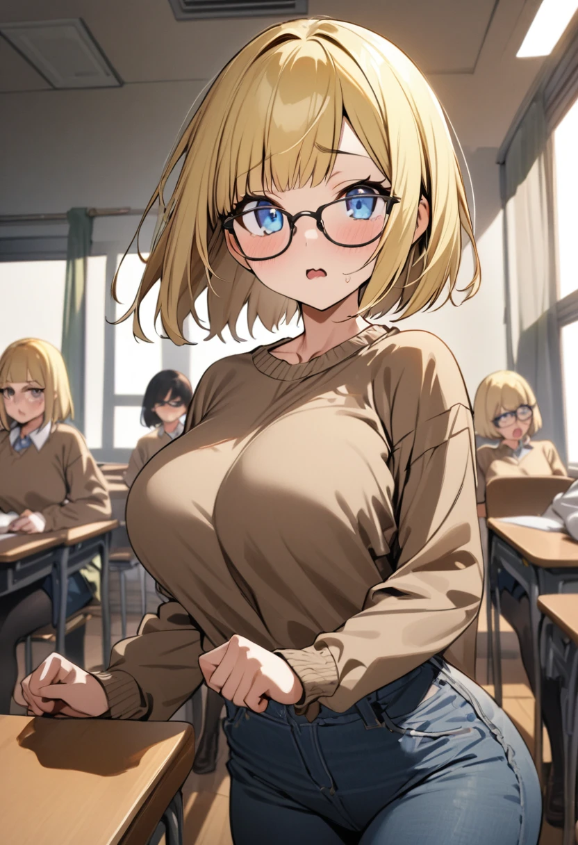 masterpiece, best quality, 1 girl, (14 years old),Brown sweater, denim hot pants, and black tights,yellow hair, short hair, hime cut, blue eyes, {{glasses}}, {{big breasts}},in class room