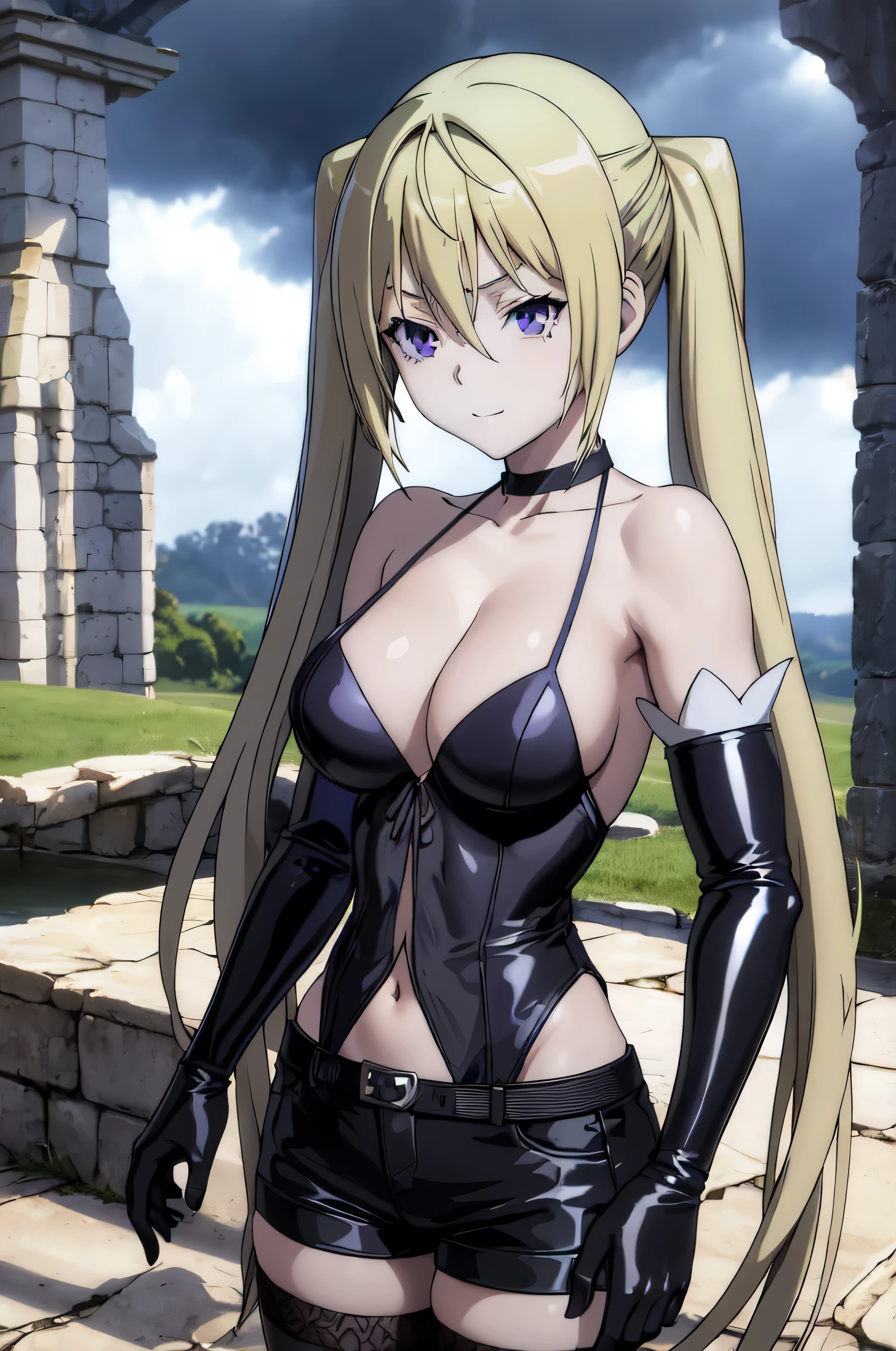 (masterpiece, best quality), 1girl, lieselotte sherlock,high quality, extremely detailed, perfect face,(dark and stormy skies, lightning)(masterpiece:1.0),(Highest_quality:1.0), 超High resolution,4k,Super detailed, photo shoot, 8K, HDR, High resolution, disorganized:1.2, twintail,,looking at viewer,latex,elbow gloves,,, ,official art,short pants,(beautiful_face:1.5),(narrow_waist),,Highly detailed CG Unity 8K wallpaper, perfect lighting,laugh,