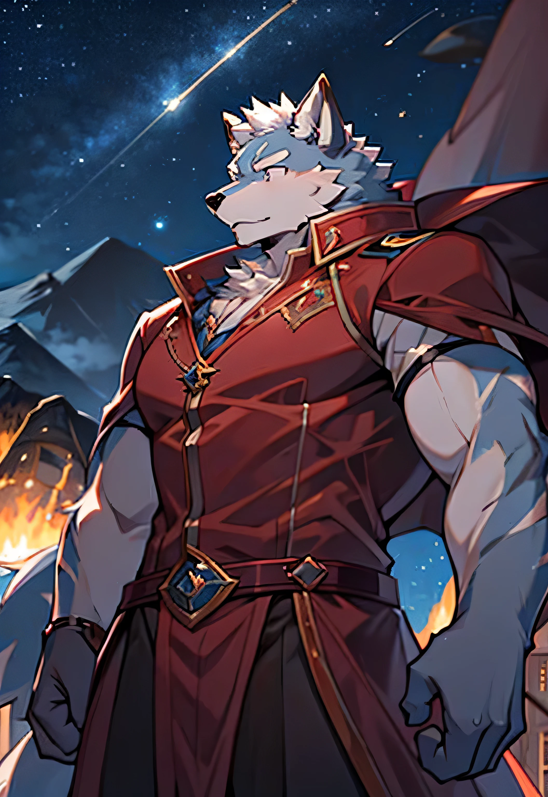 Just not good, Muscular body, Red fur,Body tearing, Wolf King, Stand under the stars, There is a volcano in the background, Facing the audience, head tilted to one side, Night volcano sky, wearing a tunic, Wolf furry character,Wear a red cape,Suspended in the air