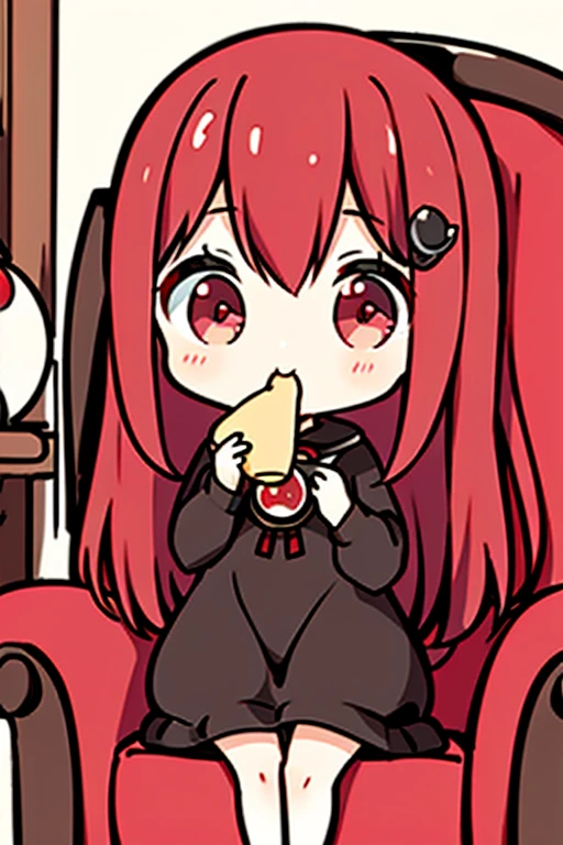 A red haired woman with red eyes with an hourglass figure in a cute sweatshirt dress is eating dinner on a couch