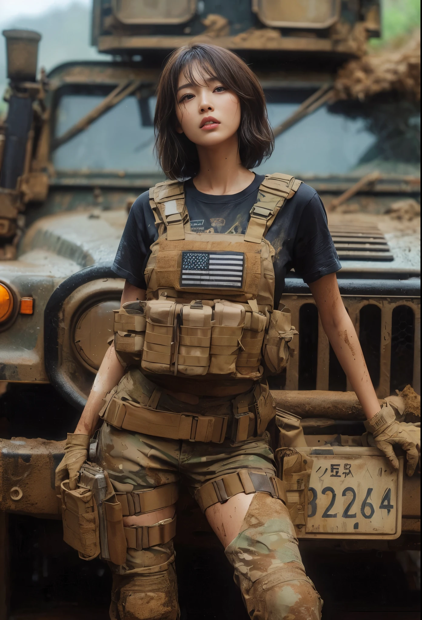 (best quality,8k,realistic photo:1.2),ultra-detailed,realistic skin texture,Japanese woman serving in the U.S. Army,t-shirt,rugged terrain,jeep stuck in mud,muddy,bulletproof vest,blurred background