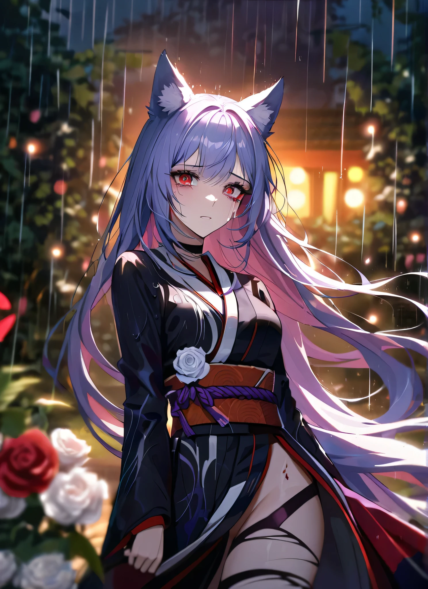 detail description,professional,vivid colors,bokeh,portraits
A gorgeous girl, wolf ears, wearing a damaged kimono samurai suit, a very ripped damaged kimono suit, missing parts of the suit, very ripped clothes, she's sad, tears, heartbroken, hurt, blood, dark garden, white roses, ultra detailed face, long eyelashes, sharp eyes, perfect make up, white ultra long hair, fullbody shot, garden, night, rain, dramatic scenario, cowboy shot, running in the rain