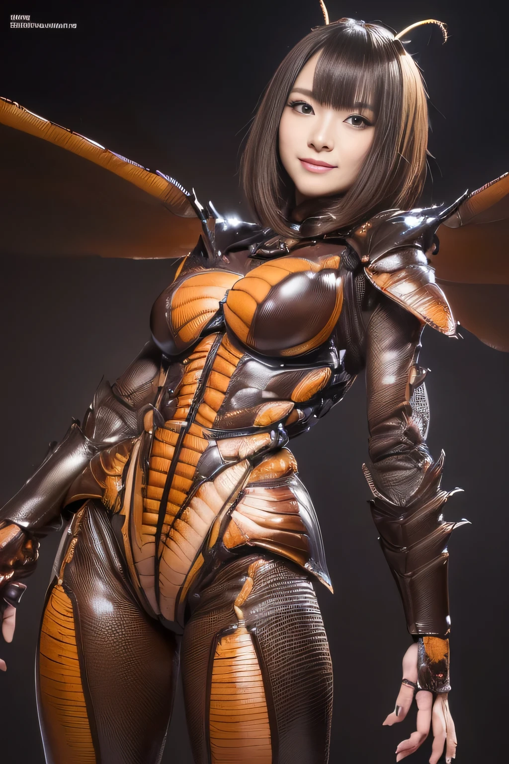 (high resolution,masterpiece,best quality,extremely detailed CG, anime, official art:1.4), realistic, photo, amazing fine details, all intricate, gloss and shiny,awesome many layers, 8k wall paper, 3d, sketch, kawaii, illustration,( solo:1.4), perfect female proportion,villainess, (fusion of dark brown cockroach and lady:1.4), (brown cockroach form lady:1.2), (brown cockroach lady:1.2), (fusion:1.2), (solo:1.4), (evil smile:1.2), muscular, abs, (cockroach brown exoskeleton bio insect suit:1.4), (cockroach brown exoskeleton bio insect armor:1.2), (brown transparency cockroach wing:1.4), (brown cockroach antennae:1.3),