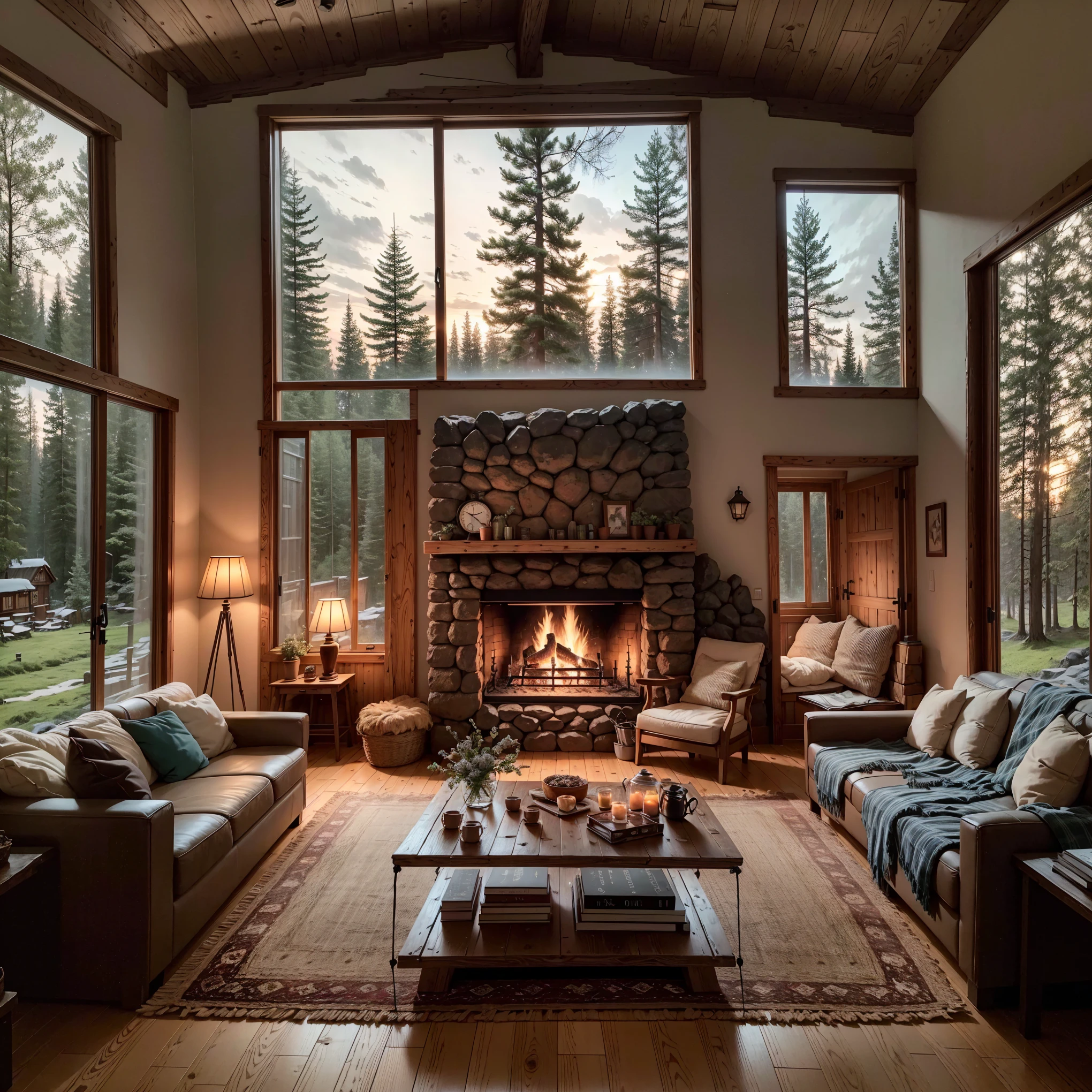 THIS EVENING WOODEN CABIN LIVING ROOM ANIME BACKGROUND, (COZY ATMOSPHERE), (SUBTLE LIGHTING), BRIGHT STONE FIREPLACE FIRE, LIONSKIN RUG THIS EVENING BEST QUALITY, TRANSPARENT GLASS WINDOWS