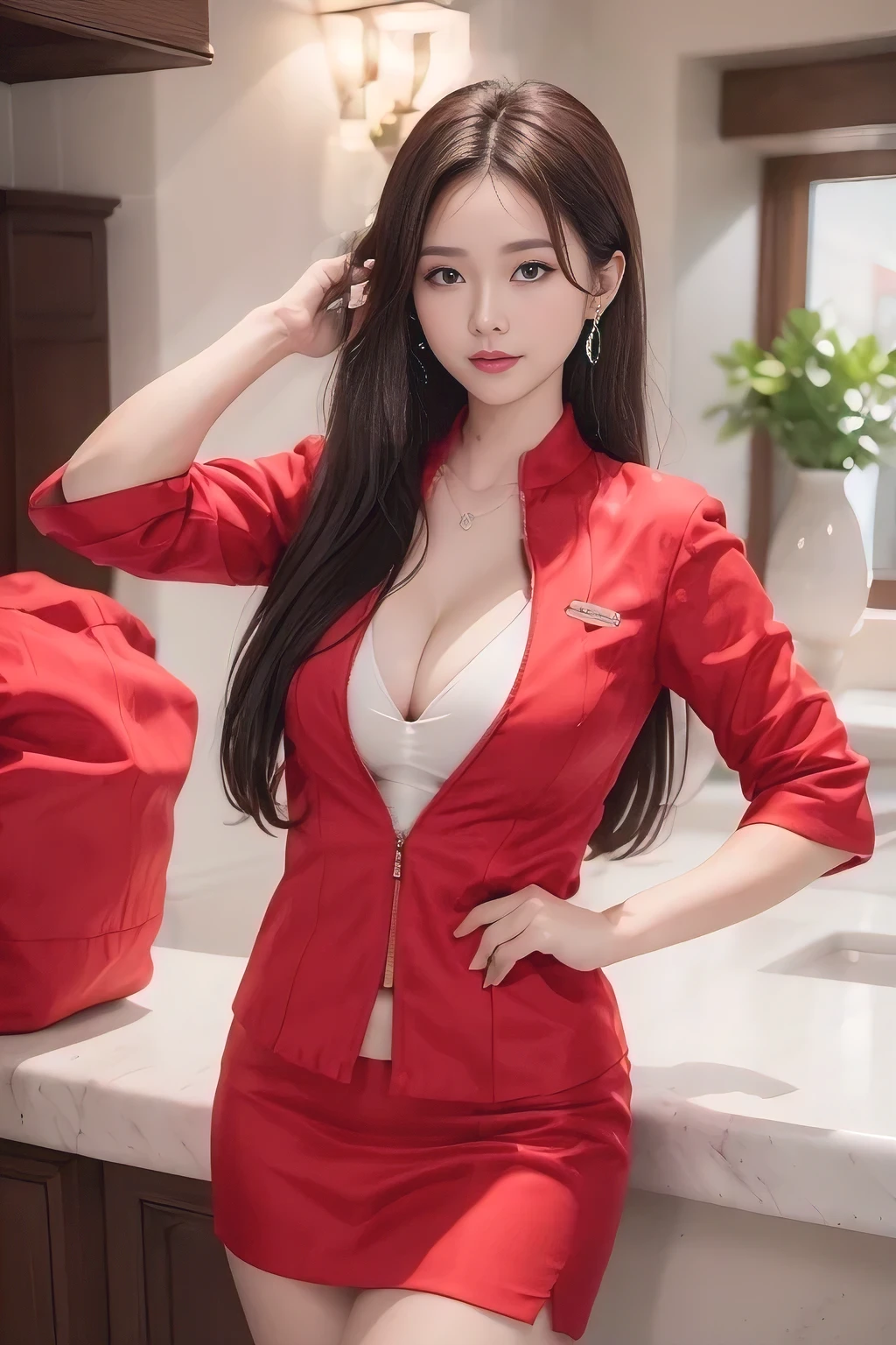 AirAsia red jacket uniform、Dark brown hair、Luxury earrings、Captivating look、Blue Eyes、Young Asian Woman