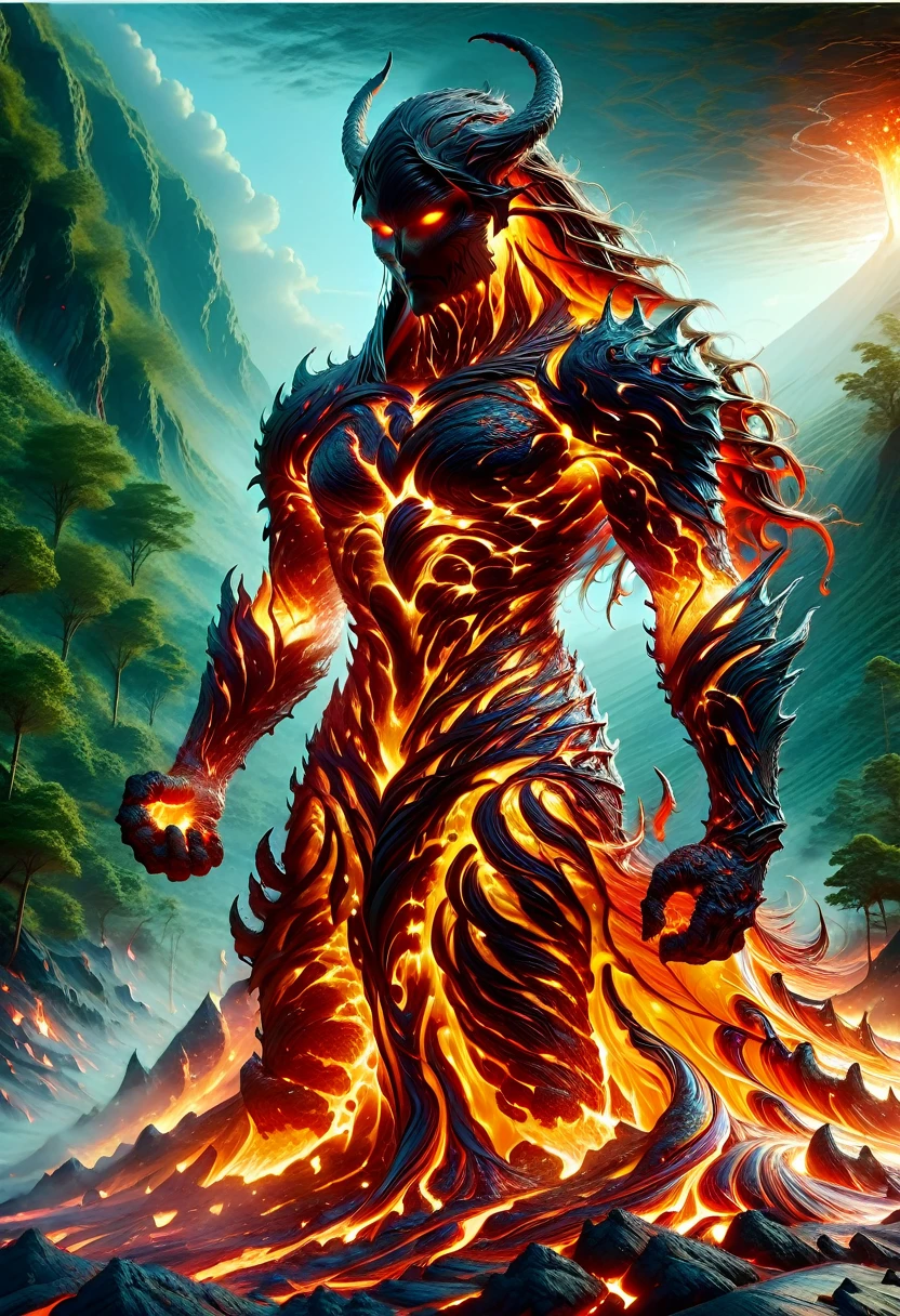 Lava Demon, ral-lava, LavaRay, Demon made entirely of lava, (best quality, highres, ultra-detailed:1.2), intense, fiery, and fearsome Lava Demon, glowing red eyes, sharp fangs and claws, towering over the landscape, surrounded by swirling magma, molten rivers flowing in the background, emitting a sinister glow, smoke billowing from its nostrils, an aura of pure heat and destruction, devilish horns adorned with lava drips, an otherworldly entity emerging from the depths of the Earth's core, surreal and menacing, in the style of dark fantasy art, with vibrant colors and high contrast, cast in a hellish color palette.