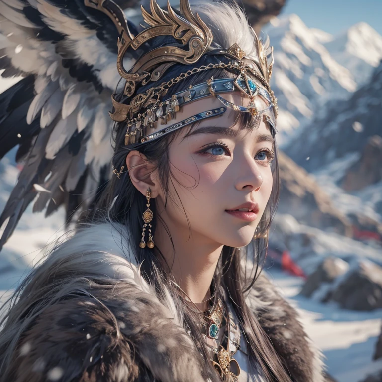 Hide in the snow mountain、Hair flows、 ((highest quality、masterpiece、8k、best image quality、ultra high resolution、Award-winning work)、(accurate anatomy:1.1)、(look at me and smile:1.1)、Shining fair skin with ultra high resolution、most detailed face、ultra high resolution detailed face、ultra high resolutionの髪の毛、(ultra high resolutionの煌めく瞳:1.1)、Beautiful face drawn in every detail、(blurred background:1.1)、ancient Inuit clothing, chest together, tattoo, Old ruins in the background、real giant eagle aside