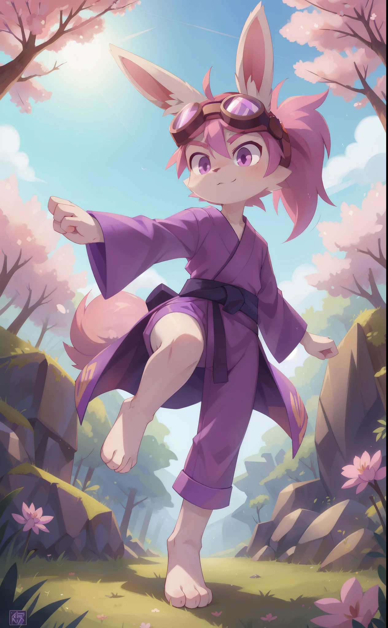 full-length_portrait, Furry shota, rabbit, long rabbit ears, pink hair, long spiky ponytail, spiky hair, detailed body fur, Pink eyes, ((purple kimono, purple kimono pants, goggles)), looking at you, white body fur, detailed face, big eyebrows, detailed eyes, detailed body, sakura forest, clear sky, detailed hands, flat body, glistering body, shiny body, skinny, spectacular effects, sassy face, :3, perfect lighting, perfect shadows, perfect eyes, perfect hair, perfect face, gorgeous body, full body, feets with three toes, 3 toes, action: karate fight, fighter,
