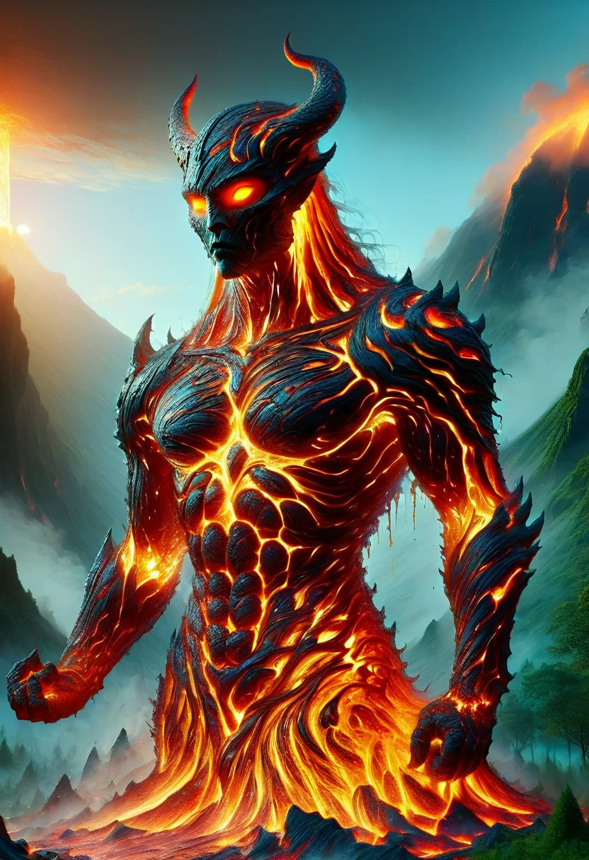 Lava Demon, ral-lava, LavaRay, Demon made entirely of lava, (best quality, highres, ultra-detailed:1.2), intense, fiery, and fearsome Lava Demon, glowing red eyes, sharp fangs and claws, towering over the landscape, surrounded by swirling magma, molten rivers flowing in the background, emitting a sinister glow, smoke billowing from its nostrils, an aura of pure heat and destruction, devilish horns adorned with lava drips, an otherworldly entity emerging from the depths of the Earth's core, surreal and menacing, in the style of dark fantasy art, with vibrant colors and high contrast, cast in a hellish color palette.