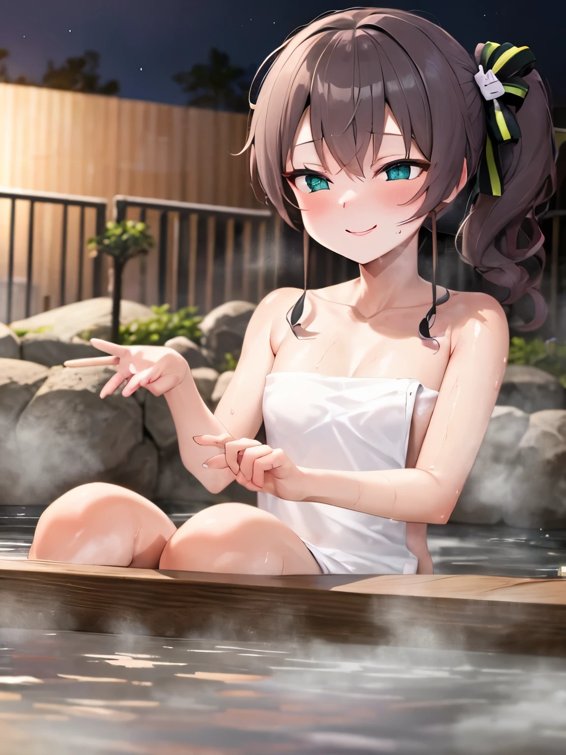 NSFW,Hololive,natsuiro matsuri,One Side Ponytail,bath towel,hot spring,Open-air bath,hostel,mixed bathing,Man,(Perfect hands),(Perfect Anatomy),(masterpiece),(highest quality)