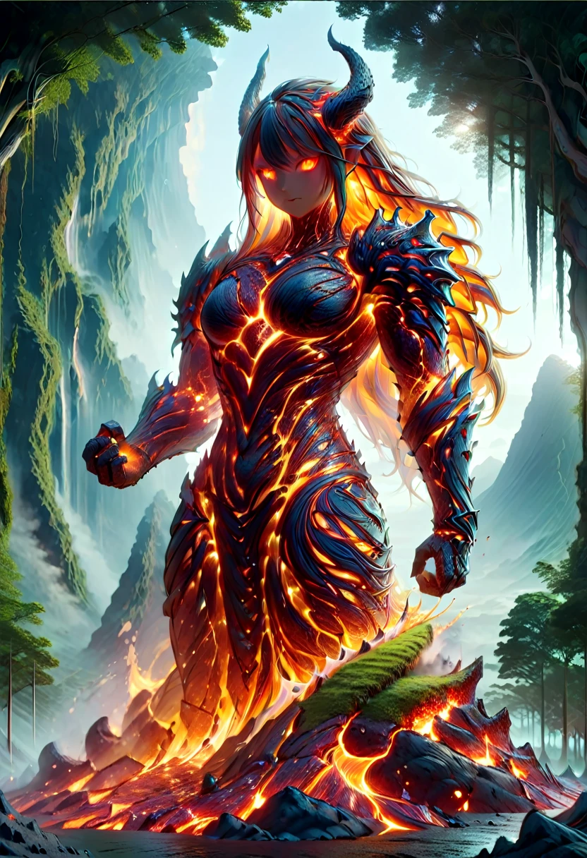 Lava Demon, ral-lava, LavaRay, Demon made entirely of lava, (best quality, highres, ultra-detailed:1.2), intense, fiery, and fearsome Lava Demon, glowing red eyes, sharp fangs and claws, towering over the landscape, surrounded by swirling magma, molten rivers flowing in the background, emitting a sinister glow, smoke billowing from its nostrils, an aura of pure heat and destruction, devilish horns adorned with lava drips, an otherworldly entity emerging from the depths of the Earth's core, surreal and menacing, in the style of dark fantasy art, with vibrant colors and high contrast, cast in a hellish color palette.