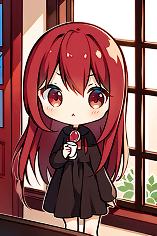 A red haired woman with red eyes with an hourglass figure in a cute sweatshirt dress is drinking tea by an open window