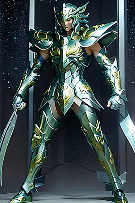 Ultra-high saturation, (tmasterpiece), full body photo, (best quality), (1 handsome man), starry sky background, Wearing shiny silver armor, armor type armor shows details of your muscles, showing the belt, showing the armor thigh protector, cool pose, Saint Seiya Armor, messy hair, high detail, Anime style, Cinematic lighting, Glitter, god light, Ray traching, filmgrain, hyper HD, skin texture, super detail, Anatomically correct, High resolution, Saturation ultra-high, High contrast, High-shiny green armor, Smooth skin, Serious expression