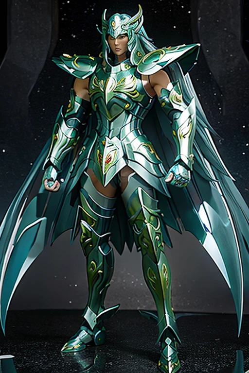 Ultra-high saturation, (tmasterpiece), full body photo, (best quality), (1 handsome man), starry sky background, Wearing shiny silver armor, armor type armor shows details of your muscles, showing the belt, showing the armor thigh protector, cool pose, Saint Seiya Armor, messy hair, high detail, Anime style, Cinematic lighting, Glitter, god light, Ray traching, filmgrain, hyper HD, skin texture, super detail, Anatomically correct, High resolution, Saturation ultra-high, High contrast, High-shiny green armor, Smooth skin, Serious expression