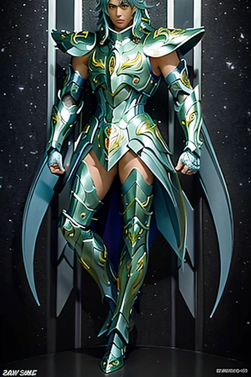 Ultra-high saturation, (tmasterpiece), full body photo, (best quality), (1 handsome man), starry sky background, Wearing shiny silver armor, armor type armor shows details of your muscles, showing the belt, showing the armor thigh protector, cool pose, Saint Seiya Armor, messy hair, high detail, Anime style, Cinematic lighting, Glitter, god light, Ray traching, filmgrain, hyper HD, skin texture, super detail, Anatomically correct, High resolution, Saturation ultra-high, High contrast, High-shiny green armor, Smooth skin, Serious expression