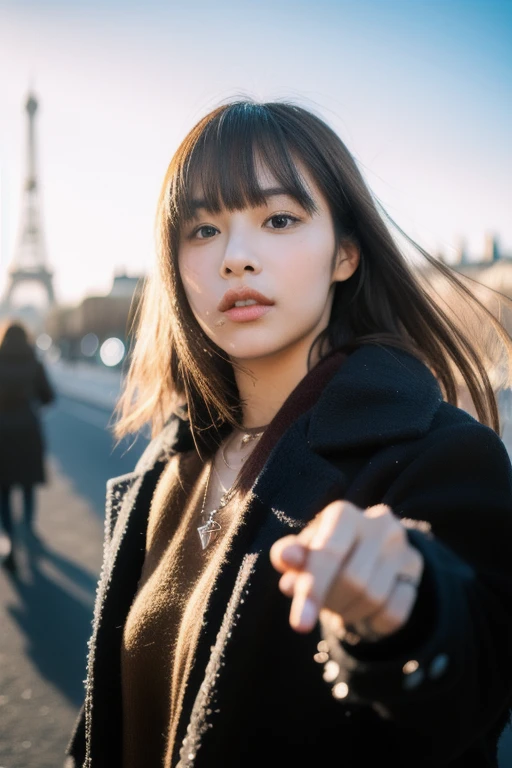 youth,1girl,looking at viewer, full body,jewelry, necklace, realistic, brown hair, blurry background, blurry,bangs, black eyes,paris,fashion,peoples in background, winter coat,
dynamic pose, motion blur, Warm sun,Winter,snow,