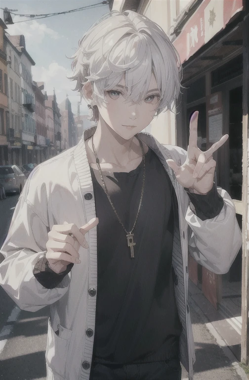 (absurdres, highres, ultra detailed, HDR), masterpiece, best quality, a boy, solo, handsome, short hair, white hair, finely eye and detailed face, casual clothes, real shadow, lift hand in peace sign, joyful, ear piecing,