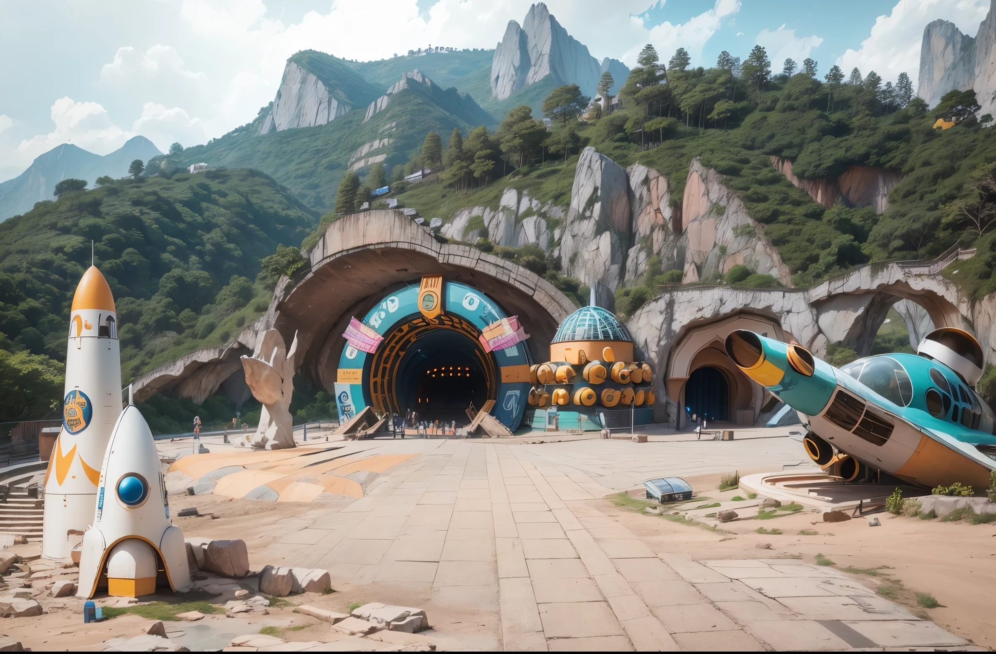  The entrance of the cave park features an open-air tunnel with colorful rocket and space-themed decorations, including elements such as rockets and spaceships. The background is surrounded by green mountains, photographed using Canon cameras with wide-angle lenses, bright colors, high saturation, natural light, clear details, and cheerful, adventurous movements.