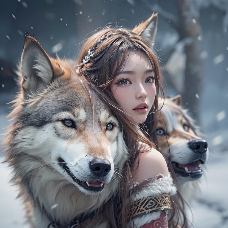 Hide in the snow mountain、Hair flows、 ((highest quality、masterpiece、8k、best image quality、ultra high resolution、Award-winning work)、(accurate anatomy:1.1)、(look at me and smile:1.1)、Shining fair skin with ultra high resolution、most detailed face、ultra high resolution detailed face、ultra high resolutionの髪の毛、(ultra high resolutionの煌めく瞳:1.1)、Beautiful face drawn in every detail、(blurred background:1.1)、ancient Inuit clothing, chest together, tattoo, Old ruins in the background、real wolf aside