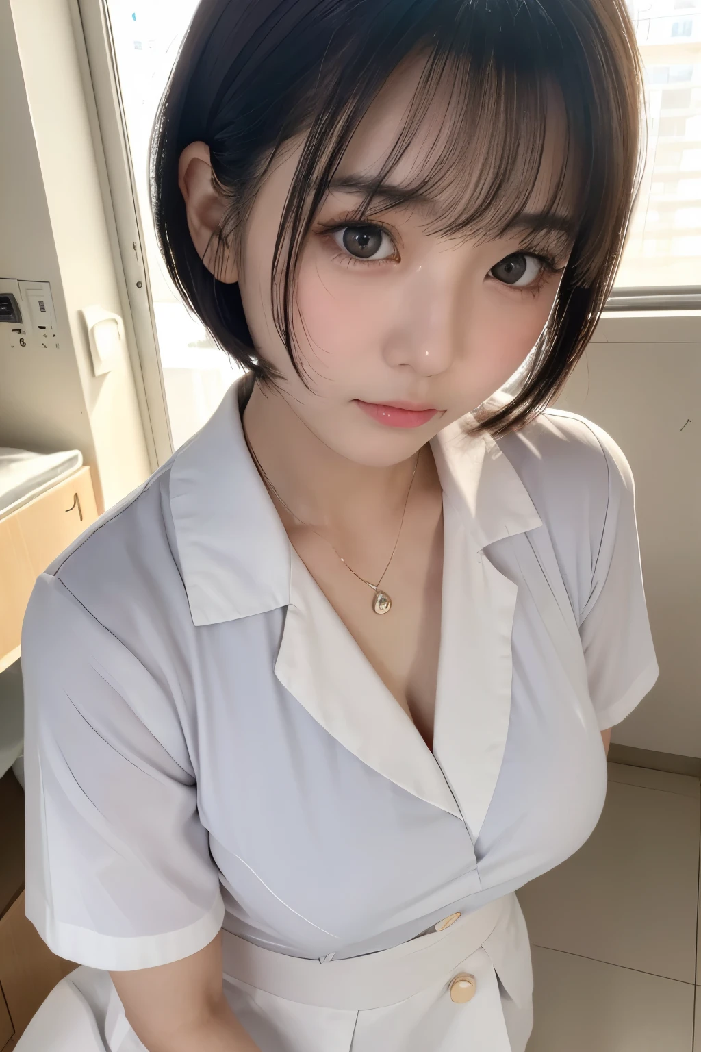 (1 Girl)、(Beautiful Japanese、18years old,round face、Refreshing、clear、seems kind、stylish、Pitiful、cute like an angel、cute、black eyes、,actress,Almond-shaped eyes), Good style , (Beautiful big breasts:1.2),(soft breasts),(very cute),(Black hair),(short bob hair),(enchanting eyes),(highlight on eyes:1.2)、(8K、Live shooting、highest quality、masterpiece:1.2、optimal lighting)、((masterpiece)),(Photo taken by a professional photographer),(real、photo real:1.4),break,{ (White nurse costume),(((taraditional nurse uniform))),(White nurse mini skirt),((White pantyhose)),(cleavage:1.2)},( Sad face:1.4),(tears:1.4))(cheeks are red:1.2), break, break,Hospital,Face shot:1.3、Hospital room、Looking at viewer:1.6, face close-up,Looking down,Looking up、Tears are falling from my eyes