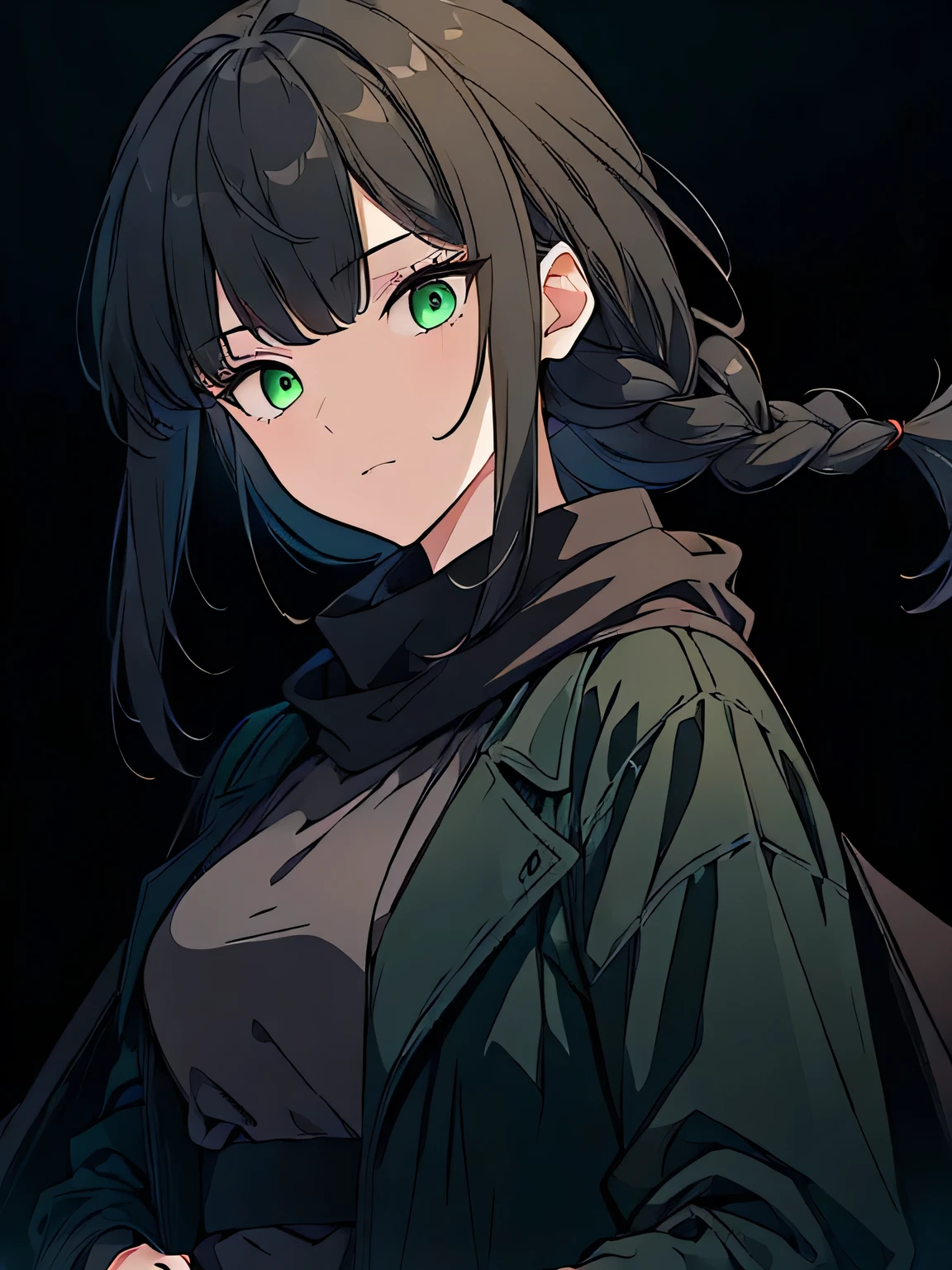 [(black background:1.5)::5], (masterpiece:1.2), (upper body:1.5), (black clothes), 1girl, best quality, game cg, perfect face, detailed eyes, detailed hair, black hair, green eyes, serious face, centered, black coat, single braid, grey scarf, hands in pockets