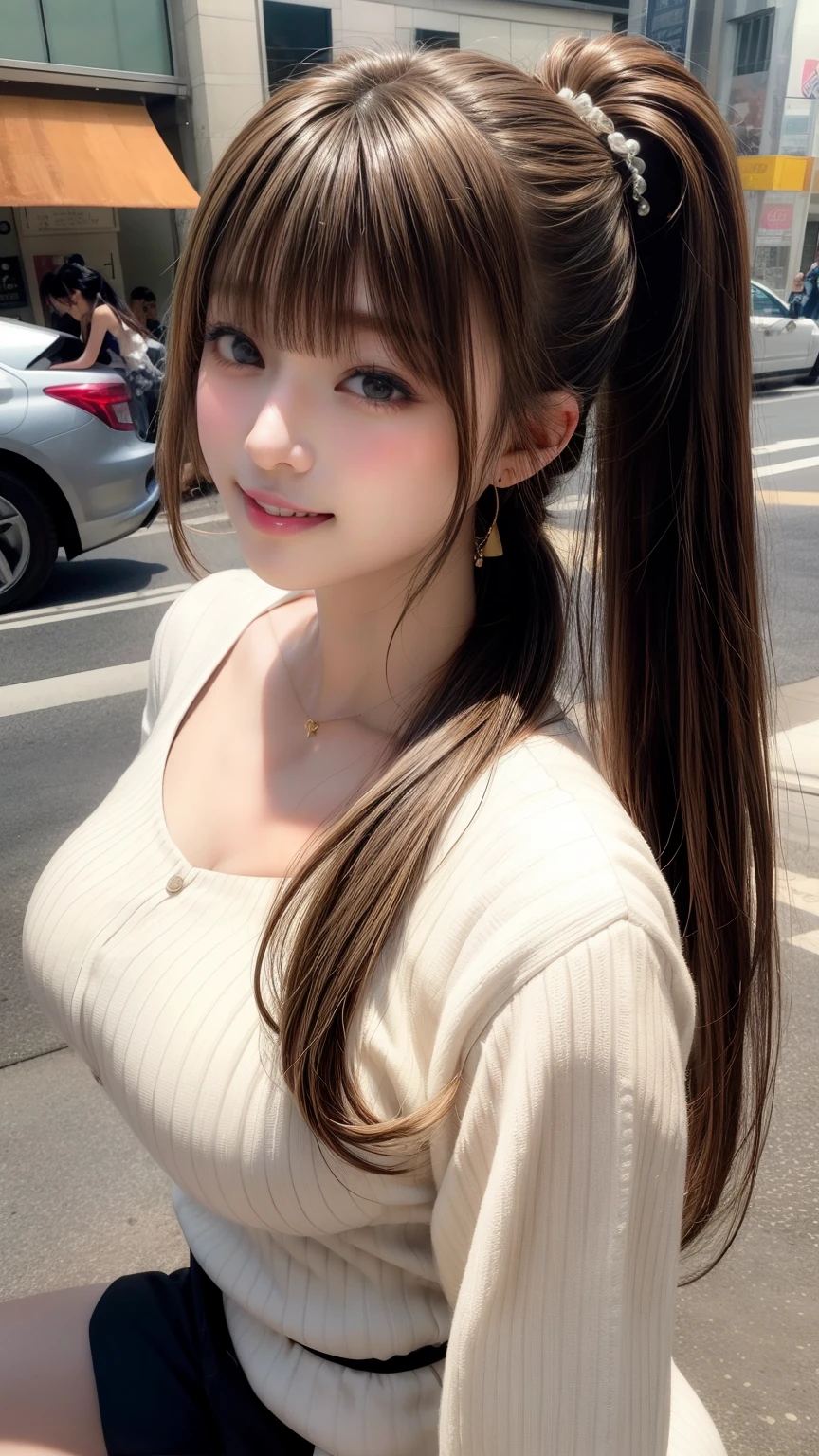 Large Breasts、 Large Breastsの谷間, Natural Lip、Fair skin、Great light、Beautiful lighting、((Straight Hair、ponytail))、Black Hair、Blunt bangs、Tight clothing、Colorful camisoles、Shorts、Gorgeous Accessories、Harajuku、smile、かわいいsmile、squat、Crowds in the city