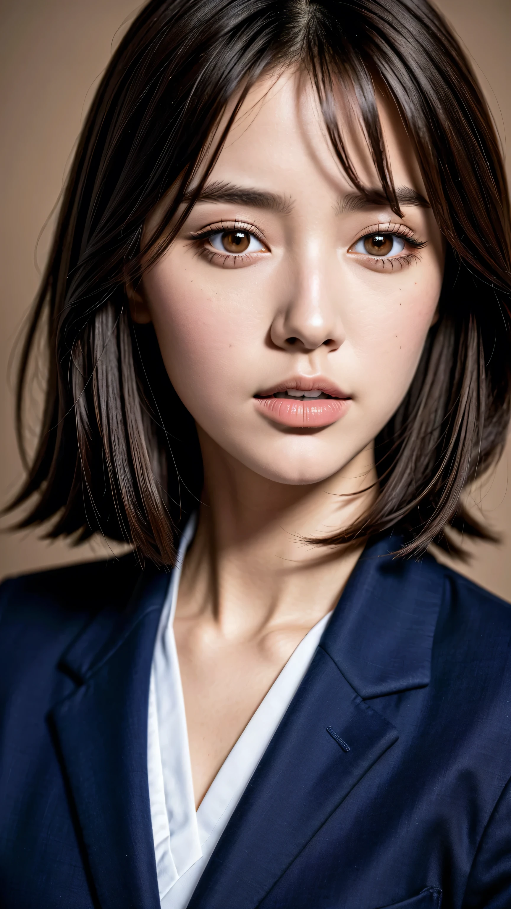 Generated in SFW, (1 Female:1.37), ((extremely Detailed sharp-portrait:1.2)), (close up of her face), Looking at the viewer, Plump Cheeks, Supermodel, 17 years old, high school girl, (Ultra realistic), ((photorealistic)), ((Sharp Focus)), (highest resolution), (the most absurd quality), (masterpiece), (Illustration), 32K, (Best Illustration), (Improvement of quality:1.4), (high detailed realistic Super beautiful face), (Highest quality realistic skin texture:1.4), (Perfect Anatomy:1.37), very small head, Very small face, The background is a black wall:1.15, (school uniform, :1.05), (Navy blue long sleeve blazer:1.37), (White collared blouse shirt:1.3), (Line pattern tie:1.21), (Navy Check Skirt:1.1), Slim figure, Tight waist, (best highest detailed realistic brown_eyes:1.4), ((super realistic sharp-eyes)), (tired and sleepy and satisfied:0.0), ((close up of a woman's eyes:1.2)), perfect round eyes, finely detailed pupils, Thin lashes, Sharpen your eyebrows, Natural Makeup, [Pink lipstick], (Beautiful Lips:1.33), (Great nose:1.2), (Flat Chest), (Slim lower body), Shiny brown hair, Let your bangs hang long, (Short Hair:1.21), Movie Lighting, 