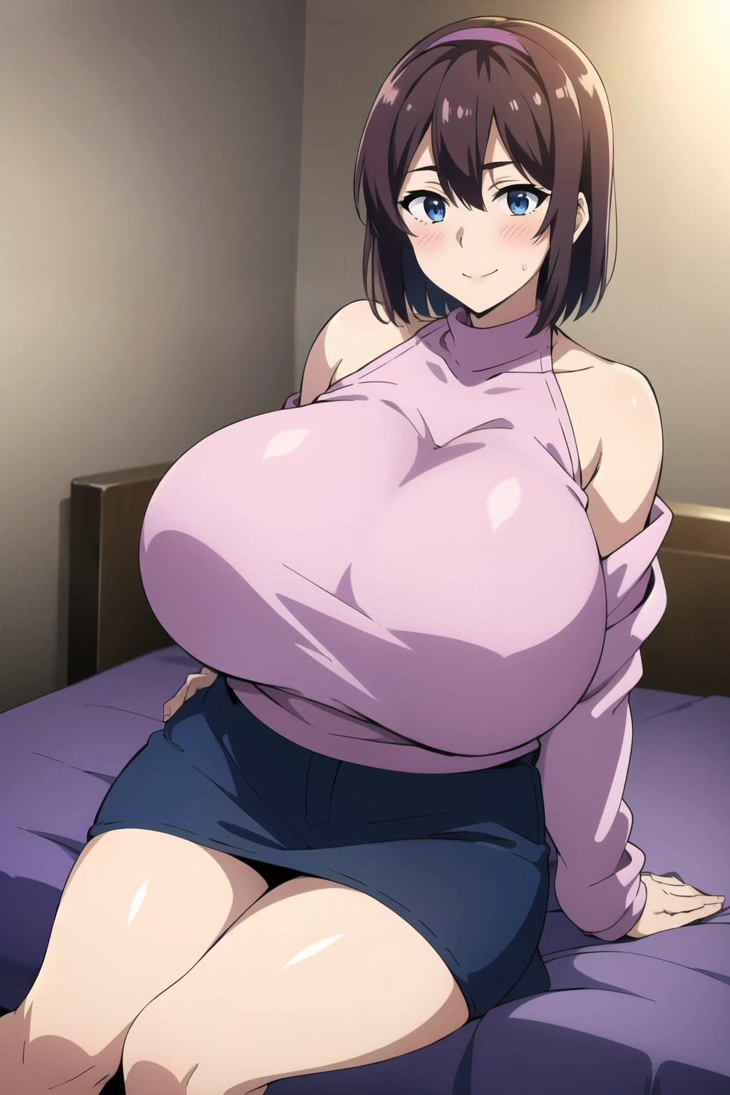 Best image quality、4K.Anime Cel Style, highest quality, High resolution, 1 girl, (Huge breasts:1.4), blush, Embarrassing, Inside the hotel,Pink Bed, smile, Koharu Hinomoto (Kedamono tachi no Sumu Ie de)、Light brown hair、short hair、hair band、blue eyes、Off-the-shoulder sweater,mini skirt