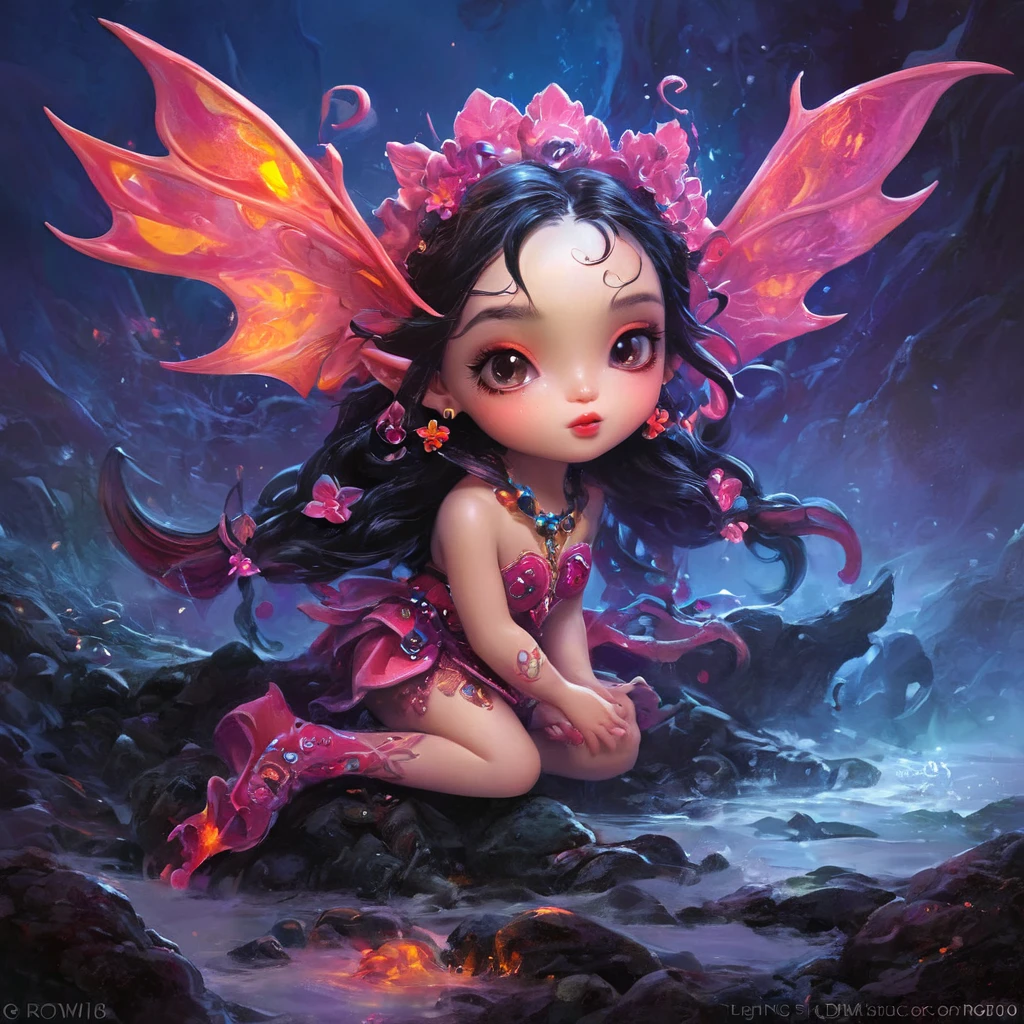 Cute Lava Demon illustrated by Roby Dwi Antono and Jasmine Becket-Griffith, sparkling eyes nestled in a magical landscape, bright colors, fairy-like yet outlandish creature invoking smiles, enchanting charm, play of light and colors highlighting every nuance, neon ambiance, abstract black oil elements and detailed acrylic textures, grunge touches for intricate complexity, Unreal Engine render, photorealistic.  8k artistic photography, photorealistic concept art, soft natural volumetric cinematic perfect light


