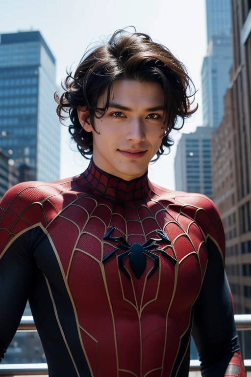 Spider suit, spider web print, spider webs, spider-man, masutepiece, Absurd, Fine details, nffsw, ((Highly detailed face and eyes)), Photorealistic,, Focus on the eyes,, standing on the roof of a skyscrapper, ((no mask on)), Looking at the viewer, Smiling, Black hair, boy focus, Big hair, Curly hair, earrings, , new york buildings background,