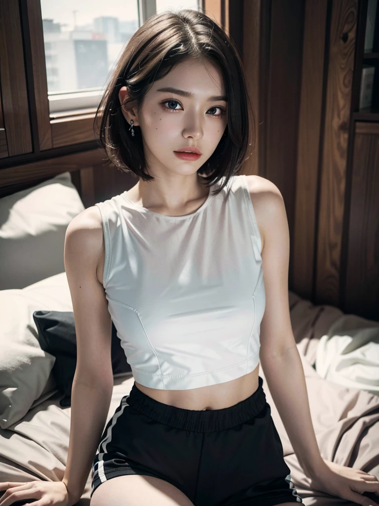 absurdres, RAW photo, extremely delicate and beautiful, masterpiece, Best Quality, ultra high resolution, 32k, hyperrealistic, ultra-detailed, detailed description, pale skin, 20 years old, detailed beautiful face and eyes, tearful mole, earring, (Colossal tits), short medium hair, wavy hair, full body shot, alone, bare legs, (volleyball uniform), shorts, midriff, sleeveless,