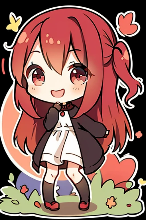 A red haired woman with red eyes with an hourglass figure in a cute sweatshirt dress is singing with a smile at the park