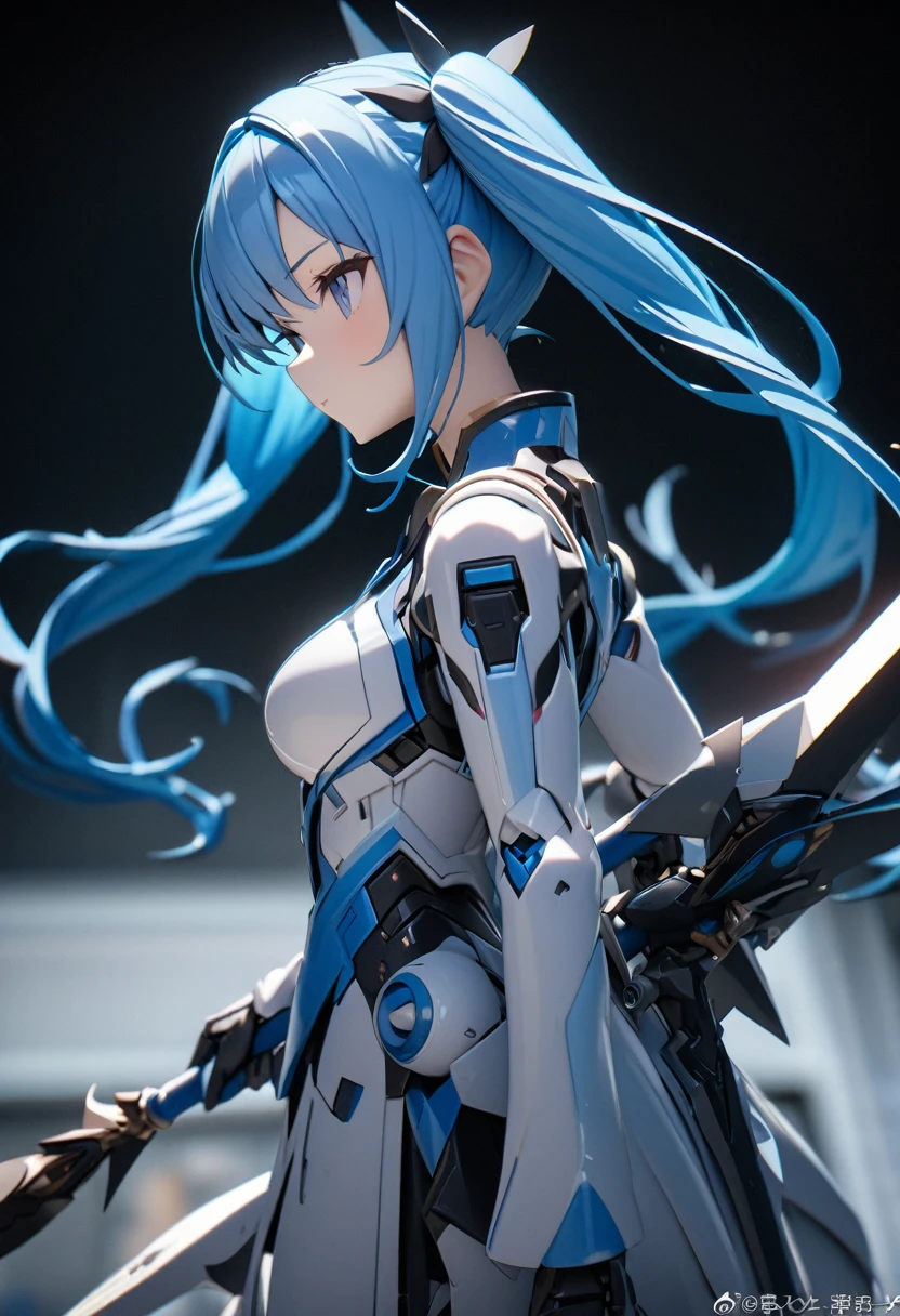 High quality, high definition, high precision images,8k 1 Girl Robot figure,、Blue hair,Twin tails,blue eyes
,With a spear,Blue and white clothing,Side view,Distant Viewpoint
