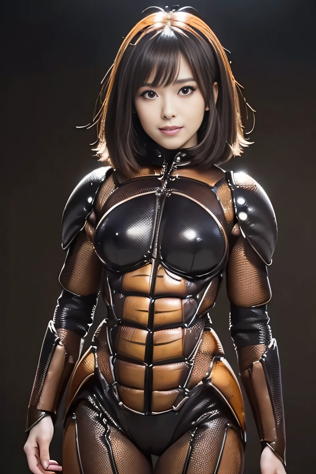 (high resolution,masterpiece,best quality,extremely detailed CG, anime, official art:1.4), realistic, photo, amazing fine details, all intricate, gloss and shiny,awesome many layers, 8k wall paper, 3d, sketch, kawaii, illustration,( solo:1.4), perfect female proportion,villainess, (fusion of dark brown cockroach and lady:1.4), (brown cockroach form lady:1.2), (brown cockroach lady:1.2), (fusion:1.2), (solo:1.4), (evil smile:1.2), muscular, abs, (cockroach brown exoskeleton bio insect suit:1.4), (cockroach brown exoskeleton bio insect armor:1.2), (brown transparency cockroach wing:1.4), (brown cockroach antennae:1.3),