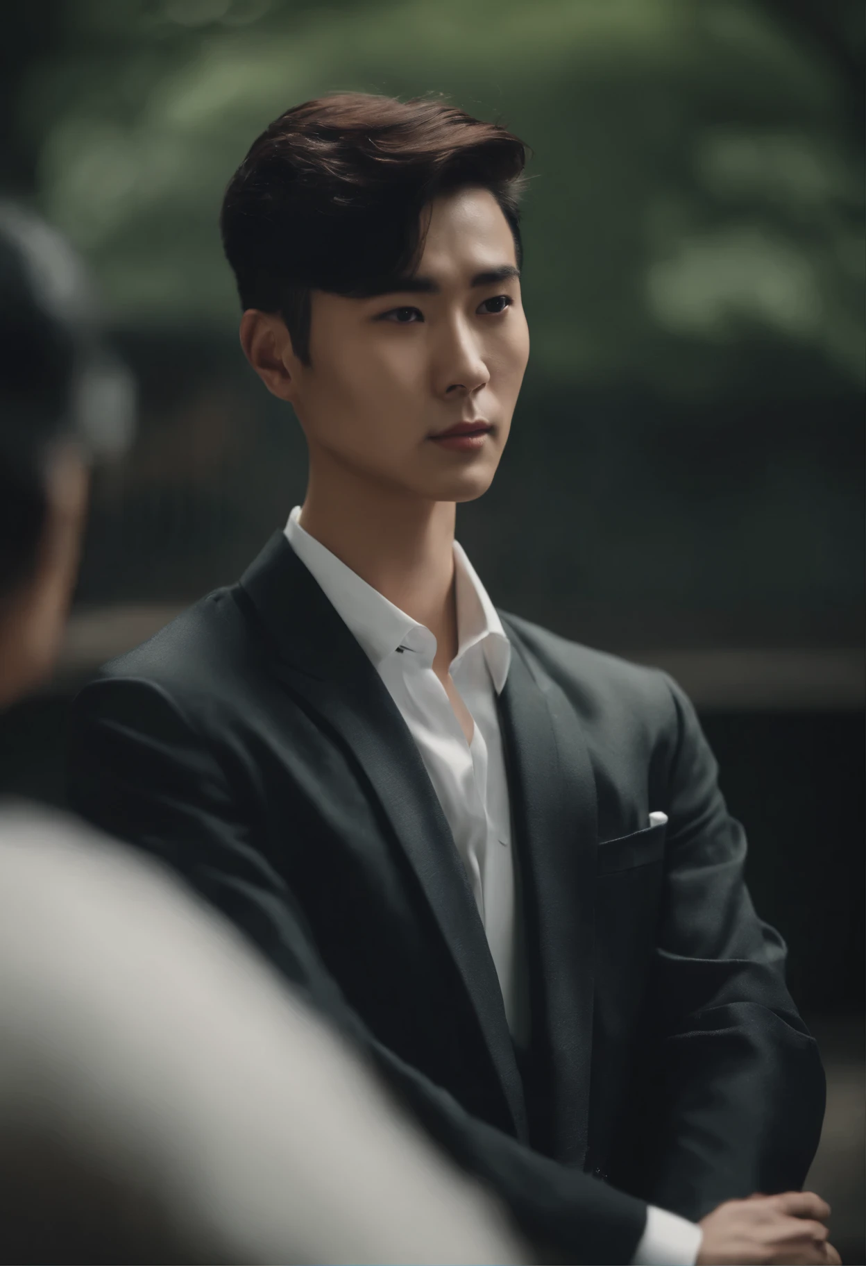一个男子wearing a suit风格. wearing a suit,Demonstrate a professional attitude , Tall and toned oriental face, (Very short hair:1.6). Ethereal beauty style,