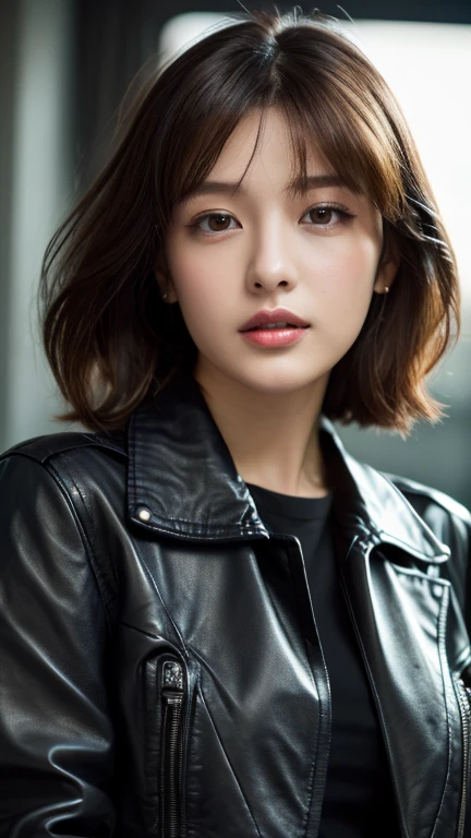 1girl,(wearing a black leather jacket over Camisole:1.4),(black leather long boots:1,4),(RAW photo, best quality), (realistic, photo-realistic:1.4),(full body:1.3), masterpiece,Attractive Japan Woman Pictures, an extremely delicate and beautiful, extremely detailed, 2k wallpaper, Amazing, finely detail, extremely detailed CG unity 8k wallpaper, ultra-detailed, highres, soft light, beautiful detailed girl, extremely detailed eyes and face, beautiful detailed nose, beautiful detailed eyes,cinematic lights,perfect anatomy,(bob hair:1.3),erotic pose,bedroom
