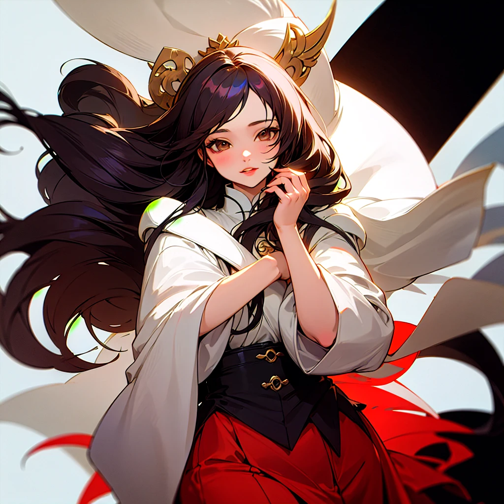 Красивая Young woman в стиле аниме, anime picture, Young woman , long hair, dark hair , long nails , a lot of decorations , plump lips , Brown eyes , Yin-Yang , Young woman уверенная в себе , hands carefully folded on top of each other