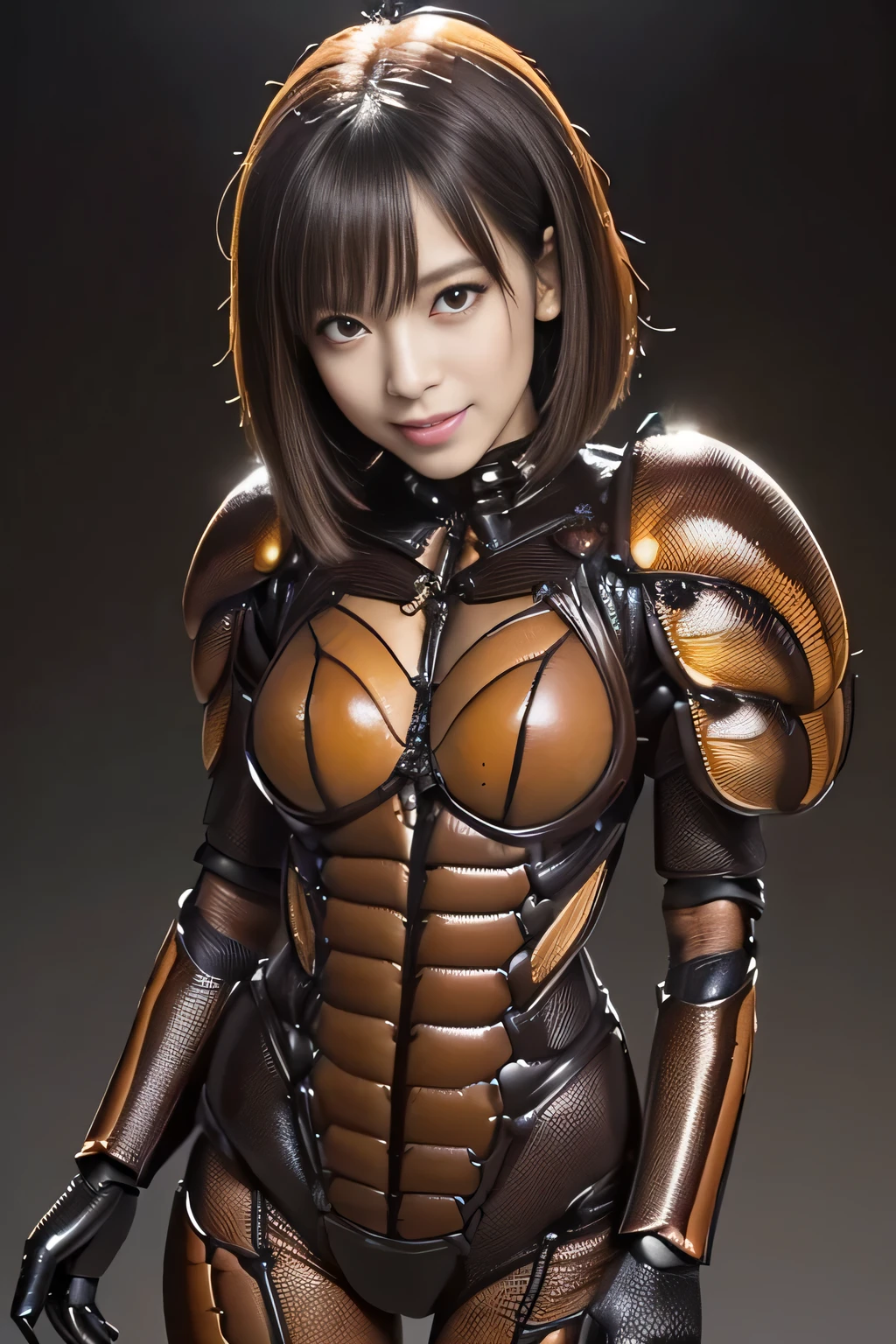 (high resolution,masterpiece,best quality,extremely detailed CG, anime, official art:1.4), realistic, photo, amazing fine details, all intricate, gloss and shiny,awesome many layers, 8k wall paper, 3d, sketch, kawaii, illustration,( solo:1.4), perfect female proportion,villainess, (fusion of dark brown cockroach and lady:1.4), (brown cockroach form lady:1.2), (brown cockroach lady:1.2), (fusion:1.2), (solo:1.4), (evil smile:1.2), muscular, abs, (cockroach brown exoskeleton bio insect suit:1.4), (cockroach brown exoskeleton bio insect armor:1.2), (brown transparency cockroach wing:1.4), (brown cockroach antennae:1.3),